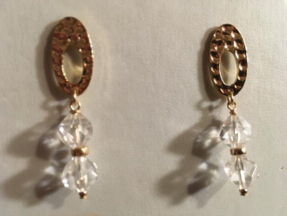 Crystal Quartz Earrings - Wedding Jewelry - Yellow Gold Jewellery - Gemstone - Beaded - Dangle - Pierced - Stud