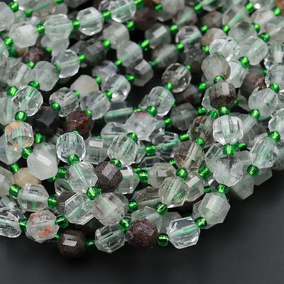 Natural Green Phantom Lodalite Quartz 8mm Beads Faceted Energy Prism Double Terminated Points 15.5" Strand