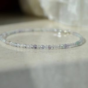 Rainbow Fluorite bracelet, intuition bracelet, bracelet femme, muted color jewelry, gemstone bracelet, 2mm bead bracelet sterling silver
