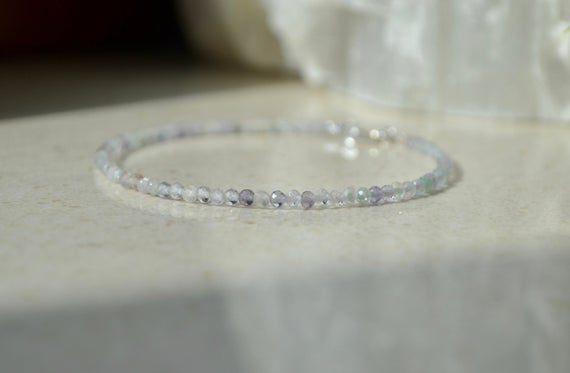 Rainbow Fluorite Bracelet, Intuition Bracelet, Bracelet Femme, Muted Color Jewelry, Gemstone Bracelet, 2mm Bead Bracelet Sterling Silver