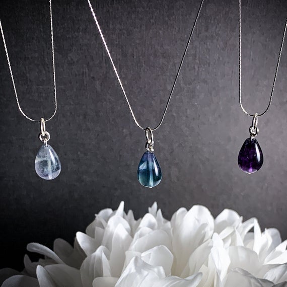 Rainbow Fluorite Drop Pendant Necklace, Green Fluorite Crystal Purple Fluorite Jewelry Healing Crystals