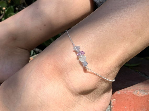Raw Fluorite Anklet Sterling Silver Crystal Ankle Bracelet Rainbow Fluorite Jewelry, Fluorite Stone Anklet, Birthday Gift For Mom, Daughter