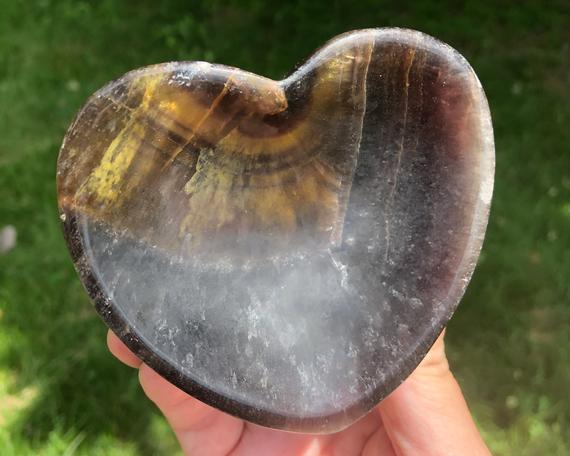 3.6" Rainbow Fluorite Heart Bowl Purple Yellow Blue Green Crystal Gemstone Dish #1