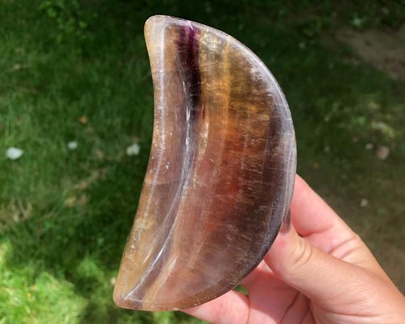 4.3" Fluorite Crescent Moon Dish, Gemstone Trinket Bowl, Crystal Carving Home Decor #1