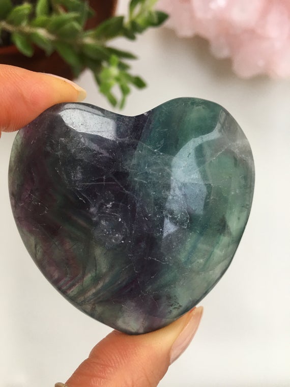 Polished Rainbow Fluorite Heart, Natural Crystal Stone