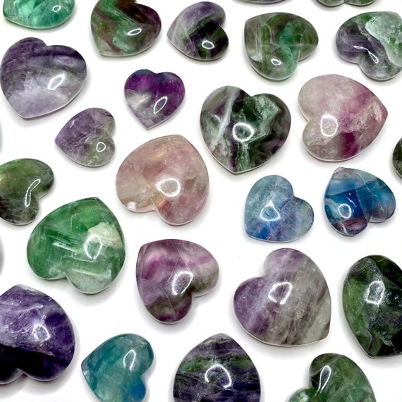 Fluorite Gemstone Crystal Hearts, Polished Rainbow Puffy Hearts