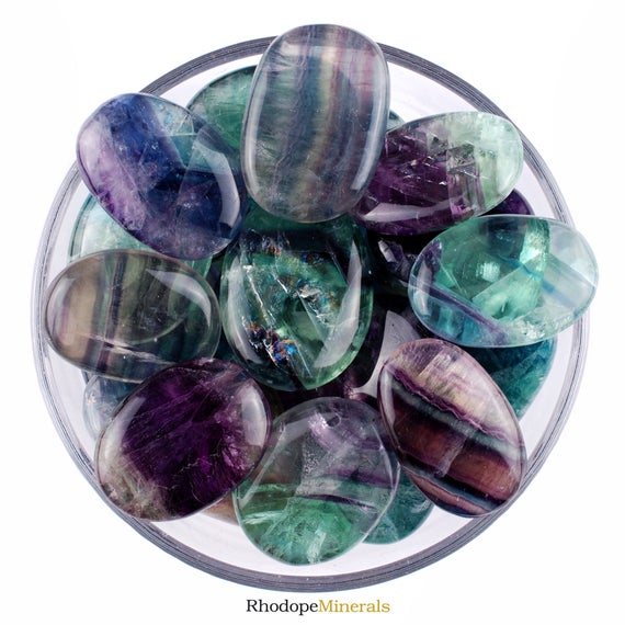 Rainbow Fluorite Palm Stone, Polished Purple Green Crystal, Focus And Harmony Gemstone