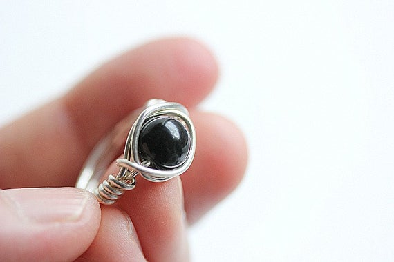 Rainbow Obsidian Ring, Wire Wrap Ring, Sterling Silver, Black Stone Ring, Gemstone Ring, Gifts For Her, Minimalist, Obsidian Jewelry