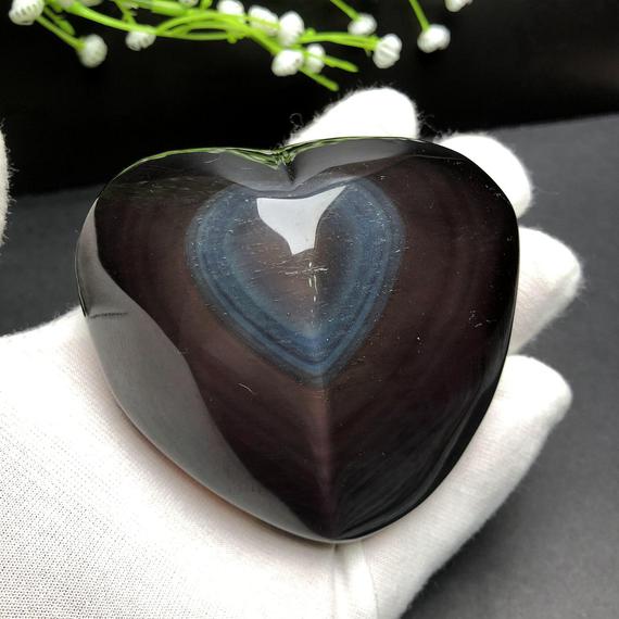 3.1" Natural Rainbow Obsidian Heart Palm, Rainbow Eye's Obsidian,hand Made Decor, Reiki Heal Crystal Palm Stone,wonderful Crystal Gift