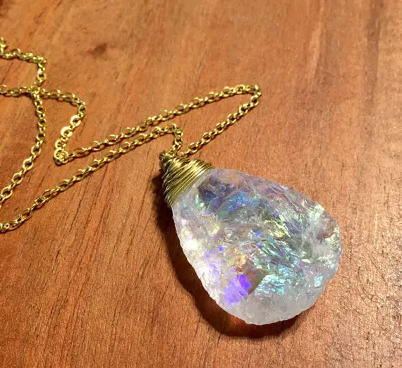 Large Raw Angel Aura Quartz Necklace 18" Or Any Length You Want