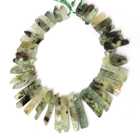 Raw Prehnite Green Slice Beads, Natural Slab Spike Stick Dagger Tusk Nuggets, Supplies Polished Gemstone Slices 18-50mm 15.5" 38 Pcs