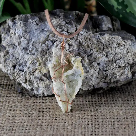 Raw Prehnite Necklace Wrapped In Copper Wire, High Quality Natural Crystal, Boho Rave Jewelry, Handmade.