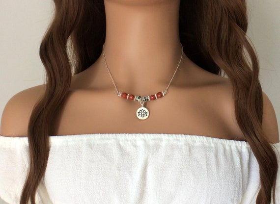 Lotus Necklace, Buddha, Om Charm  Necklace, Gemstone Necklace, Red