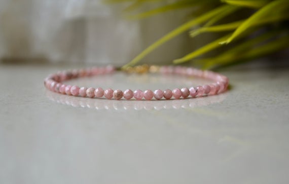 Genuine Rhodochrosite Bracelet, Bracelet Femme, Delicate Pink Stone Bracelet, Romantic Bracelet, Rose Peach Crystal Bracelet, Spring Jewelry