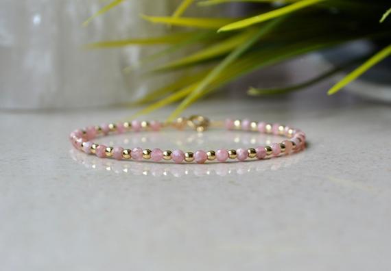 Genuine Rhodochrosite Bracelet, Bracelet Femme, Tiny Pink Gemstone Bracelet, Delicate Bracelet, Peach Crystal Bracelet, 3mm Beaded Bracelet