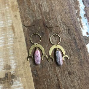 Shop Rhodochrosite Earrings! Hammered brass and rhodochrosite earrings | Natural genuine Rhodochrosite earrings. Buy crystal jewelry, handmade handcrafted artisan jewelry for women.  Unique handmade gift ideas. #jewelry #beadedearrings #beadedjewelry #gift #shopping #handmadejewelry #fashion #style #product #earrings #affiliate #ad