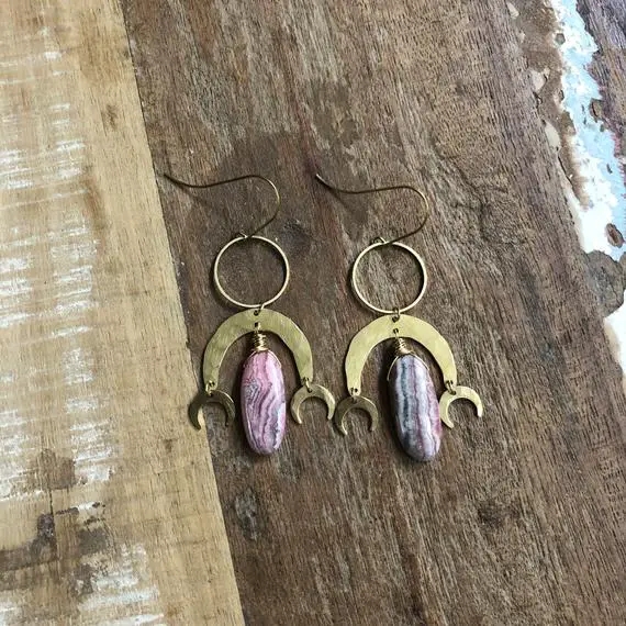 Hammered Brass And Rhodochrosite Earrings