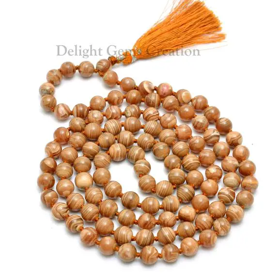 Brown Rhodochrosite Mala, 8mm Rhodochrosite Smooth Round Beads, 108 Beads Mala, Meditation Mala, Japa Mala, Tassel Necklace,knotted Necklace