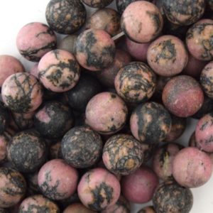 Shop Rhodonite Round Beads! 12mm matte black pink rhodonite round beads 15" strand 40263 | Natural genuine round Rhodonite beads for beading and jewelry making.  #jewelry #beads #beadedjewelry #diyjewelry #jewelrymaking #beadstore #beading #affiliate #ad