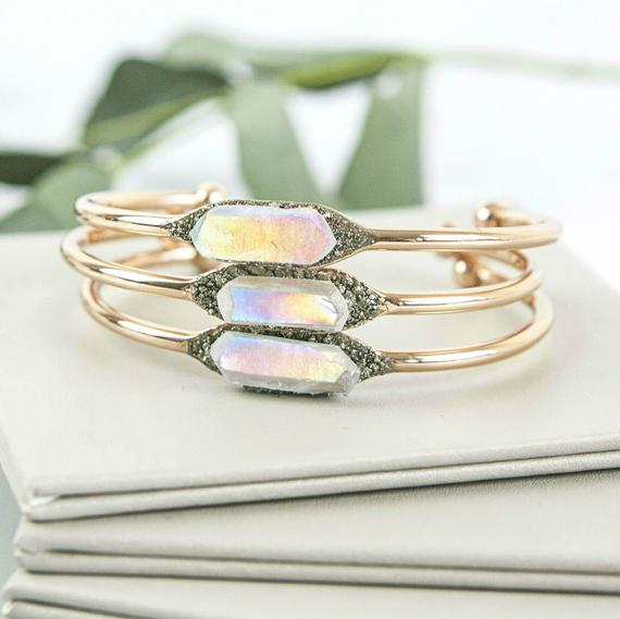 Rose Gold Bracelet, Bohemian Bracelet, Angel Aura Quartz Bangle, Maid Of Honour Gift, Bridal Bracelet, Artisan Bracelet, Rainbow Crystal