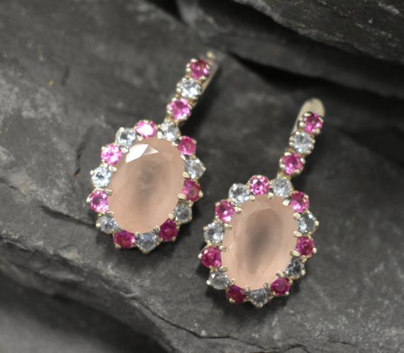 Rose Quartz Earrings, Natural Rose Quartz, January Birthstone, Multistone Earrings, Pink Vintage Earrings, Quartz Earrings, Silver Earrings