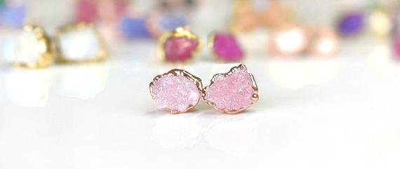 Raw Rose Quartz Earrings, Rose Quartz Stud Earrings, Pink Crystal Stud Earrings, Raw Stone Earrings, Valentine's Day Gift Boho Stud Earrings