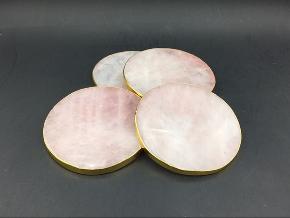 Rose Quartz Coasters Round Coaster Set Rose Quartz Slice Gold Coasters Large Quartz Crystal Coasters Stone Coasters Drinkware 1/2/4pieces