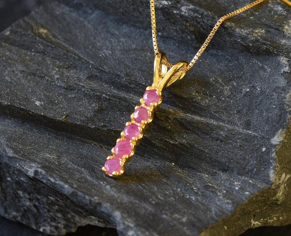 Gold Ruby Pendant, Natural Ruby, July Birthstone, Ruby Bar Pendant, Minimalistic Pendant, Red Line Pendant, Dainty Necklace, Silver Pendant