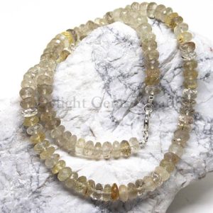 Shop Rutilated Quartz Necklaces! Golden Rutilated Quartz Beaded Necklace, AAA++ GOLDEN RUTILE Faceted Rondelle Beads Necklace,Semi Precious// Transparent, Birthday Gift | Natural genuine Rutilated Quartz necklaces. Buy crystal jewelry, handmade handcrafted artisan jewelry for women.  Unique handmade gift ideas. #jewelry #beadednecklaces #beadedjewelry #gift #shopping #handmadejewelry #fashion #style #product #necklaces #affiliate #ad