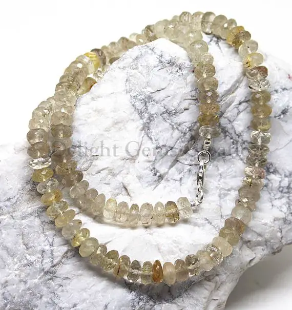 Golden Rutilated Quartz Beaded Necklace, Aaa++ Golden Rutile Faceted Rondelle Beads Necklace,semi Precious// Transparent, Birthday Gift