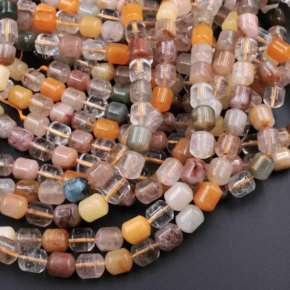 Natural Phantom Quartz Barrel Beads Golden Red Green Phantom Quartz Rutile Quartz Natural Crystal 15.5" Strand