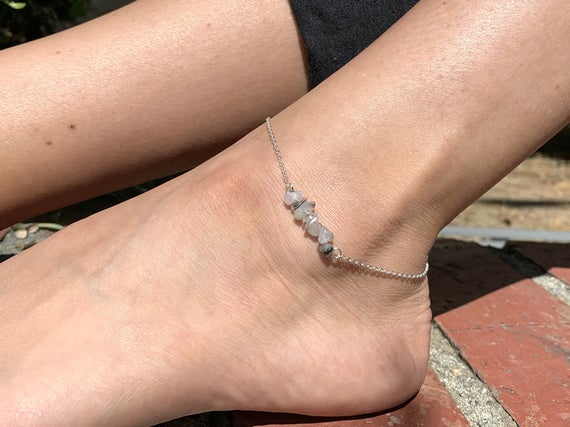 Rutilated Quartz Anklet - Stone Bar Anklet Silver - Rough Crystal Anklet - Layering Anklet - Gemstone Anklet - Tiny Rutile Quartz Jewelry