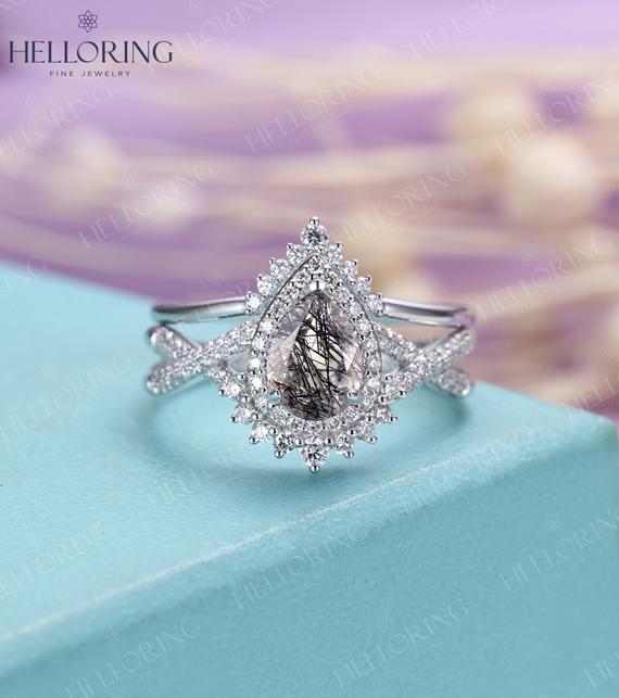 Vintage Black Rutilated Quartz Engagement Ring Set Pear Cut Moissanite Diamond Curved Wedding Band  Bridal Set Anniversary Ring