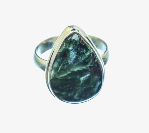 Sale Seraphinite Ring, 925 Sterling Silver, Artisan Ring, Gemstone Jewelry, Green Color, Pear Shape, Silver Band Ring, Cab Stone, Silver