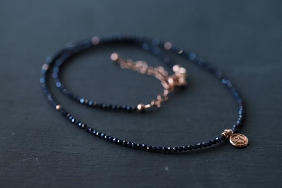 Blue Sapphire Beaded Necklace | Women's Gemstone Choker Necklace | Faceted Blue Sapphire | September Birthstone | Rose Gold Sapphire