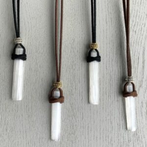 Shop Selenite Necklaces! RAW SELENITE NECKLACE, White Gemstone Necklace for Men, Black Cord Crystal Necklace, Selenite Crystal Healing Necklace, Boho Stone Necklace | Natural genuine Selenite necklaces. Buy handcrafted artisan men's jewelry, gifts for men.  Unique handmade mens fashion accessories. #jewelry #beadednecklaces #beadedjewelry #shopping #gift #handmadejewelry #necklaces #affiliate #ad