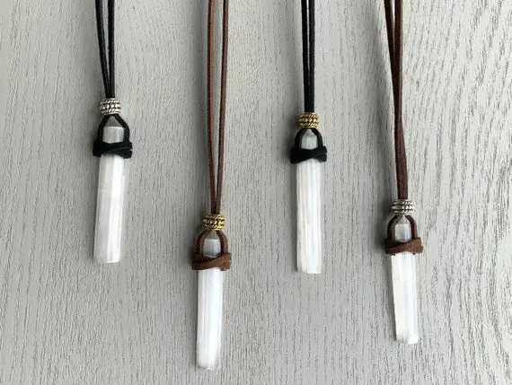 Raw Selenite Necklace, White Gemstone Necklace For Men, Black Cord Crystal Necklace, Selenite Crystal Healing Necklace, Boho Stone Necklace