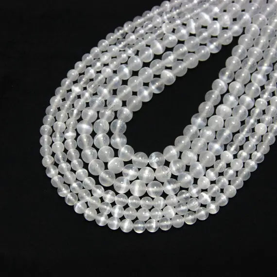 Natural Selenite Round Beads 6mm 8mm 10mm, White Geypsum Beads, Genuine Cat's Eye Selenite Beads, White Gemstone Mala Beads