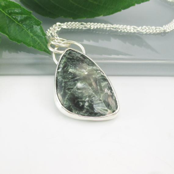Seraphinite Gemstone Pendant Necklace With 18 Inch Sterling Silver Chain