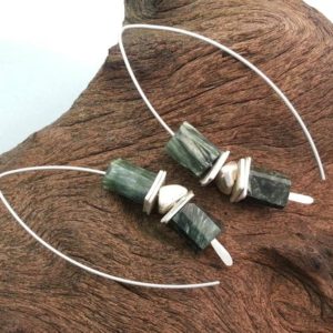 Seraphinite Green Threader/Wishbone Earrings in silver, handmade gifts for her | Natural genuine Seraphinite earrings. Buy crystal jewelry, handmade handcrafted artisan jewelry for women.  Unique handmade gift ideas. #jewelry #beadedearrings #beadedjewelry #gift #shopping #handmadejewelry #fashion #style #product #earrings #affiliate #ad