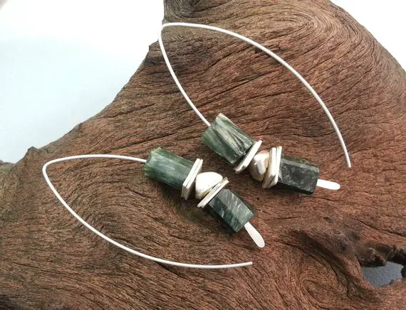 Seraphinite Green Threader/wishbone Earrings In Silver, Handmade Gifts For Her