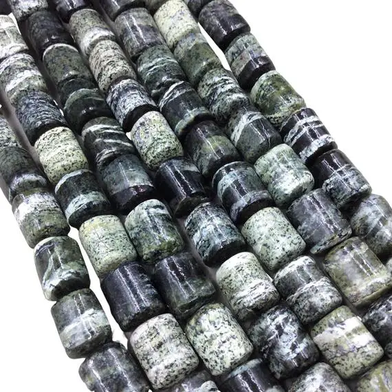 10mm X 12mm Glossy Finish Natural Serpentine Barrel/tube Shape Beads W 1mm Holes - 15.5" Strand (~ 30 Beads) - Quality Gemstone