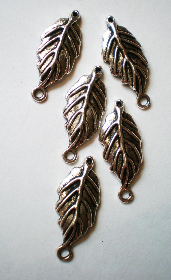 Silver Leaf Connectors: Metal Alloy Jewelry Charms, 27mm, Qty 10