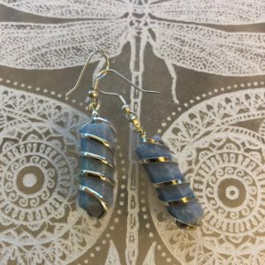 Shop Angelite Earrings! Silver plated spiral angelite earring pair | Natural genuine Angelite earrings. Buy crystal jewelry, handmade handcrafted artisan jewelry for women.  Unique handmade gift ideas. #jewelry #beadedearrings #beadedjewelry #gift #shopping #handmadejewelry #fashion #style #product #earrings #affiliate #ad