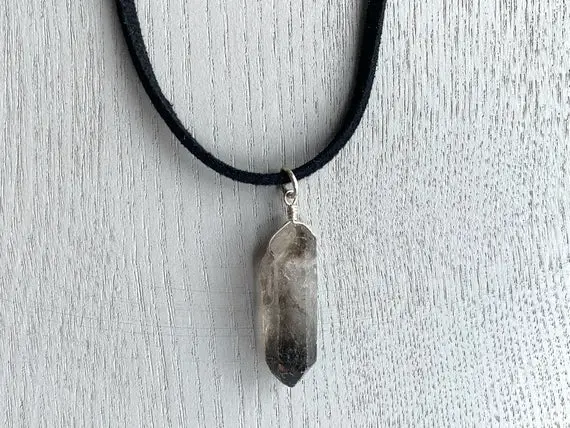 Smoky Quartz Necklace, Smoky Quartz Crystal, Quartz Crystal Point Pendant, Smoky Quartz Point Pendant, Gem Wire Wrapped Necklace Black Cord