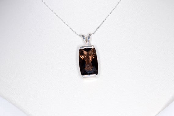 Smoky Quartz Pendant, Genuine Gemstone 16x10mm, Checkboard Faceted, Set In 925 Sterling Silver X-deep Pendant Mount, 18inch Chain Included