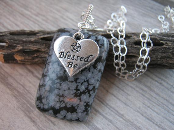 Blessed Be Necklace, Snowflake Obsidian Pendant, Pentacle Jewelry, Wiccan Necklace, Minimalist, Gemstone Pendant, Choose Your Length, Gp13
