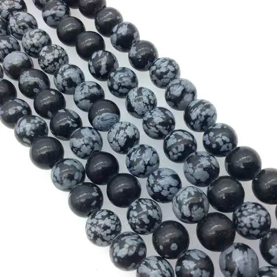 8mm Natural Snowflake Obsidian Smooth Finish Round/ball Shaped Beads With 2mm Holes - 7.75" Strand (approx. 25 Beads) - Large Hole Beads
