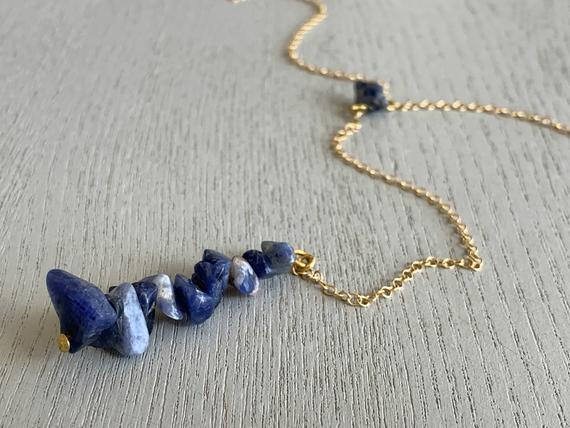 Raw Sodalite Necklace Gold Or Silver Natural Stone Jewelry, Blue Crystal Necklace For Layering, Gifts For Witches, Witchy Gifts For Women