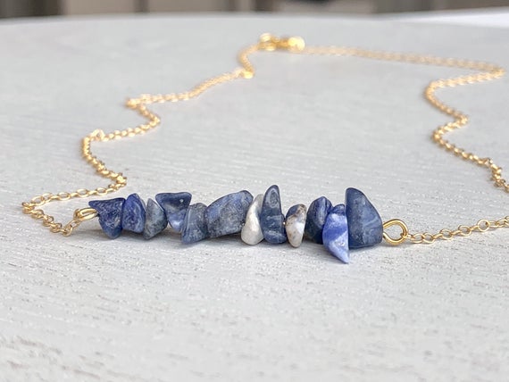 Sodalite Necklace, Healing Crystal Necklace, Blue Beaded Gemstone Necklace, Gold Layering Choker, Encouragement Gift For Daughter, Boho Gift